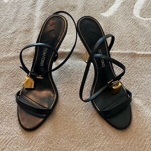 Authentic TOM FORD Lock Stiletto Sandals Size 41 or 10 Black leather / Gold